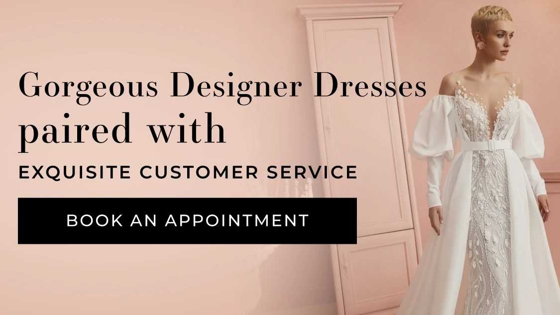 Model wearing Ariamo Madioni bridal dress, mobile banner