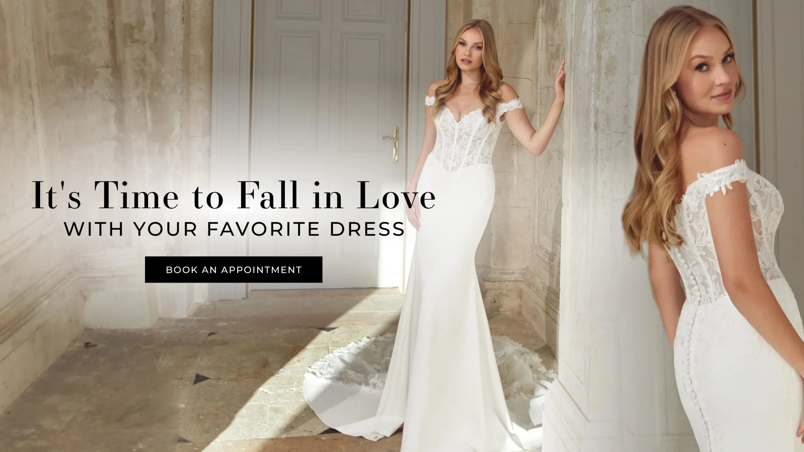 Model is wearing Justin Alexander 44540 bridal dress, desktop banner